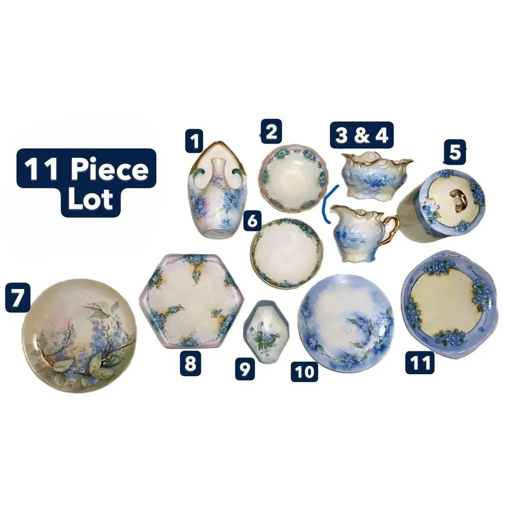 11 pcs Antique Painted China Blue Florals Vanity Trinket Instant Collection READ